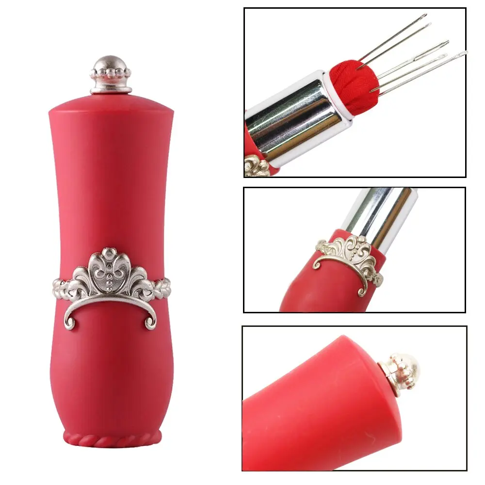 1Pc Lipstick Pin Cushion With 5 Sewing Needles Retractable Holder Pincushions Pincushion Rotatable Needle Holder Sewing Tool