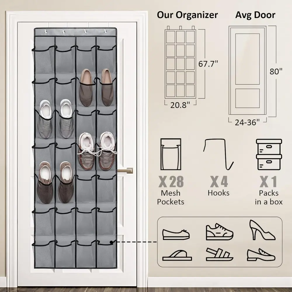 14/35 Pockets Over The Door Shoe Rack Large Mesh Pockets With 4 Hooks for Closet Hanging Shoe Rack Holder Hanger Storage Bag
