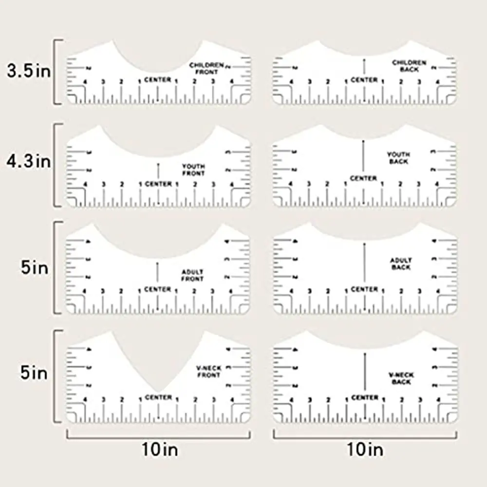8Pcs T-Shirt Ruler Guide Center Designs Set for Clothing Front Back V-Neck DIY Template Alignment Tools