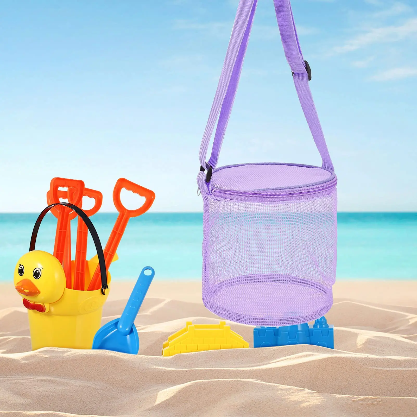 Children's Mesh Shell Storage Bag Beach round Sand Digging Bucket Toy Organizer Collection Bag for Swimming Outdoor Sports