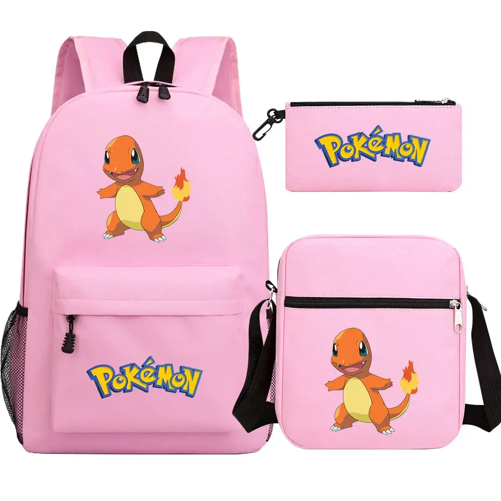 New Charmander Charizard Gengar 3Pcs Boy Girl Kids School Book Bags Travel Backpack Shoulder  Bag Pen Bags For Men Women