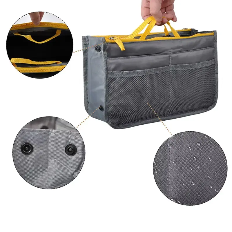 Dual Zippered Tote Bag Organizer Insert Handbag Organizer Insert with 13 Pockets Multi-Functional Storage Bag for Both Men Women