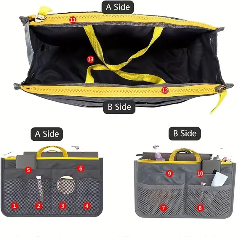 Dual Zippered Tote Bag Organizer Insert Handbag Organizer Insert with 13 Pockets Multi-Functional Storage Bag for Both Men Women