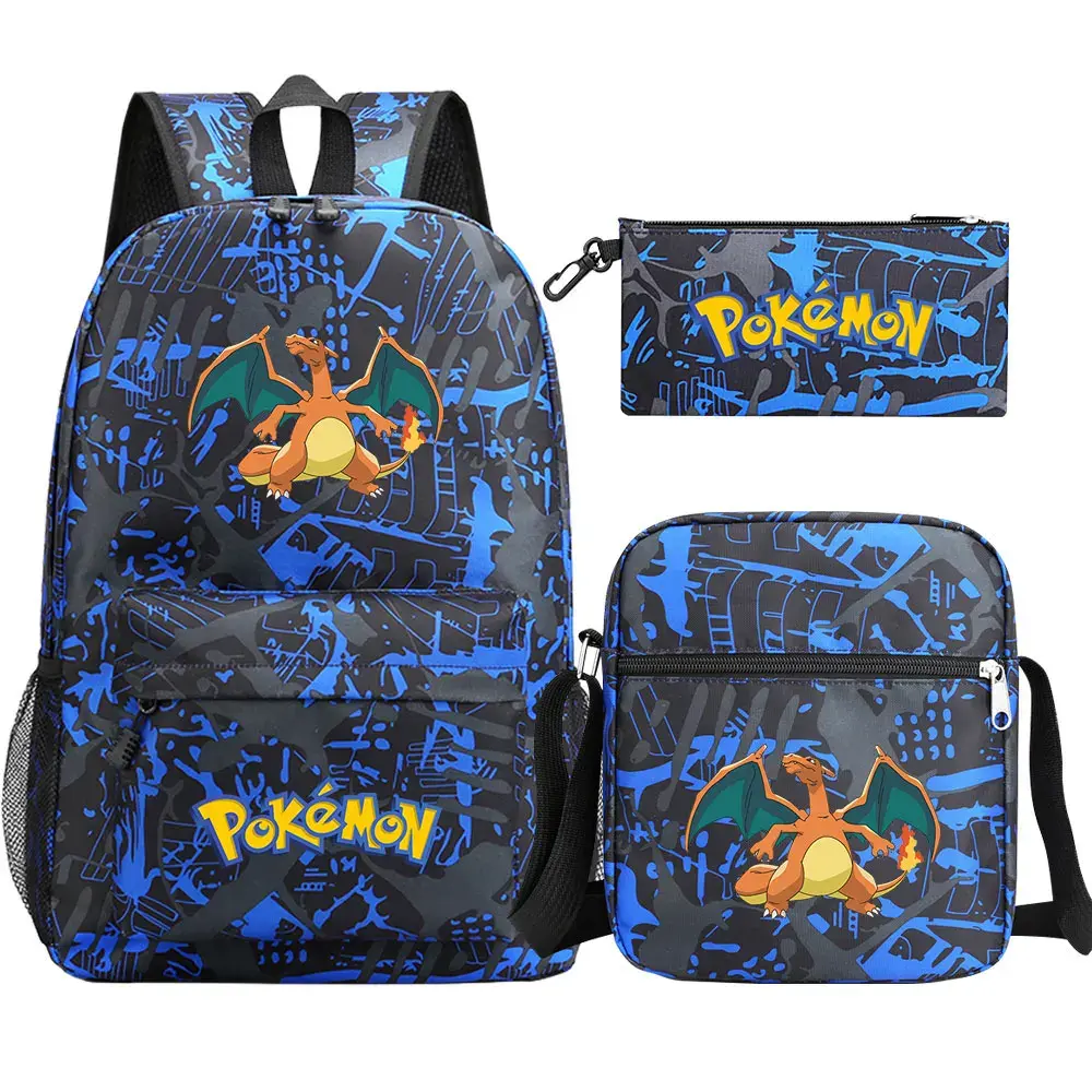 New Charmander Charizard Gengar 3Pcs Boy Girl Kids School Book Bags Travel Backpack Shoulder  Bag Pen Bags For Men Women