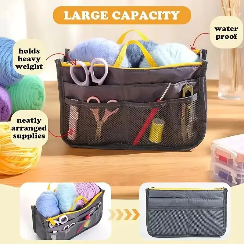 Dual Zippered Tote Bag Organizer Insert Handbag Organizer Insert with 13 Pockets Multi-Functional Storage Bag for Both Men Women