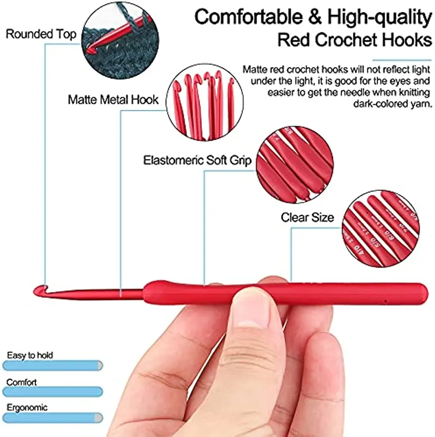 9Pcs Red Crochet Hooks Ergonomic Crochet Hook Set Soft Touch Aluminum Crochet Needle for Arthritic Hands Crochet Kit for Beginne