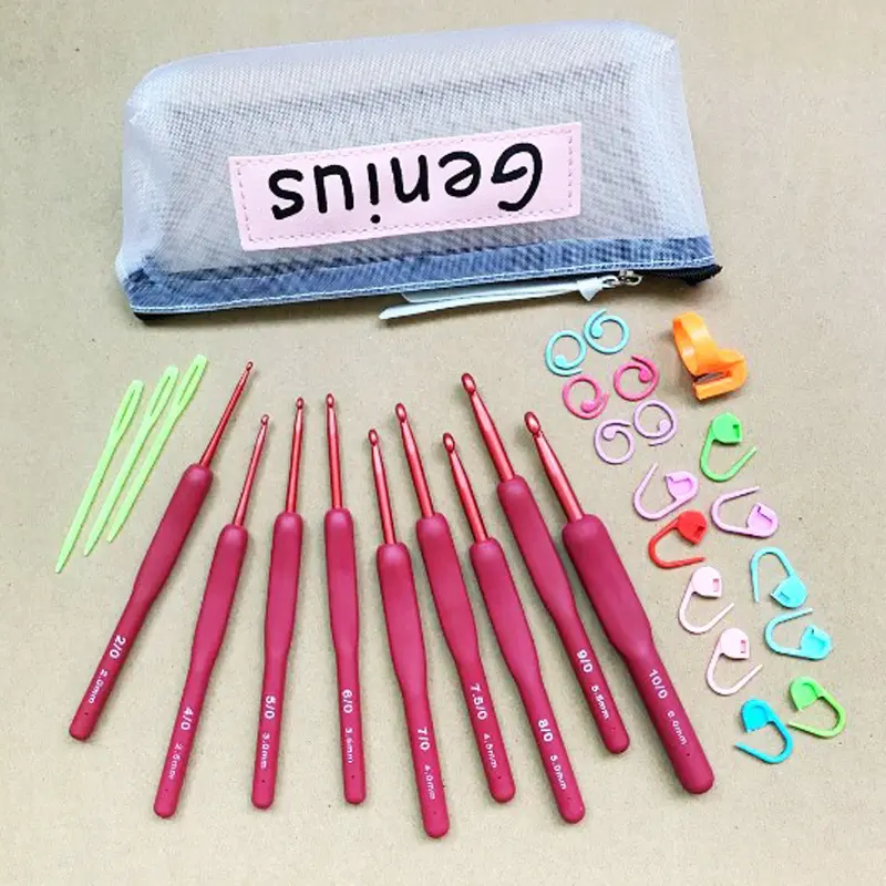 9Pcs Red Crochet Hooks Ergonomic Crochet Hook Set Soft Touch Aluminum Crochet Needle for Arthritic Hands Crochet Kit for Beginne