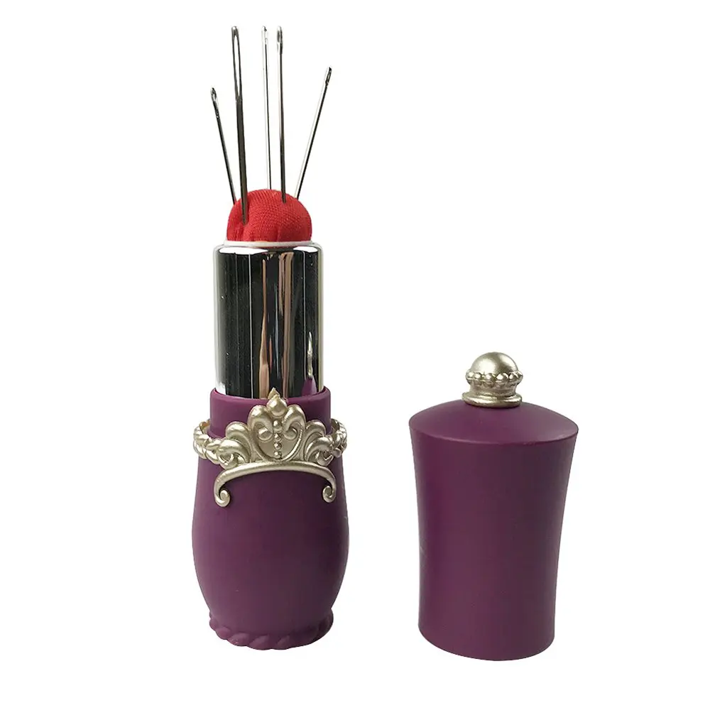 Lipstick Pincushion Sewing Needle Case with 5pcs Hand Needles for DIY Craft Sewing Tool Purple Black Sewing Supplie Storage