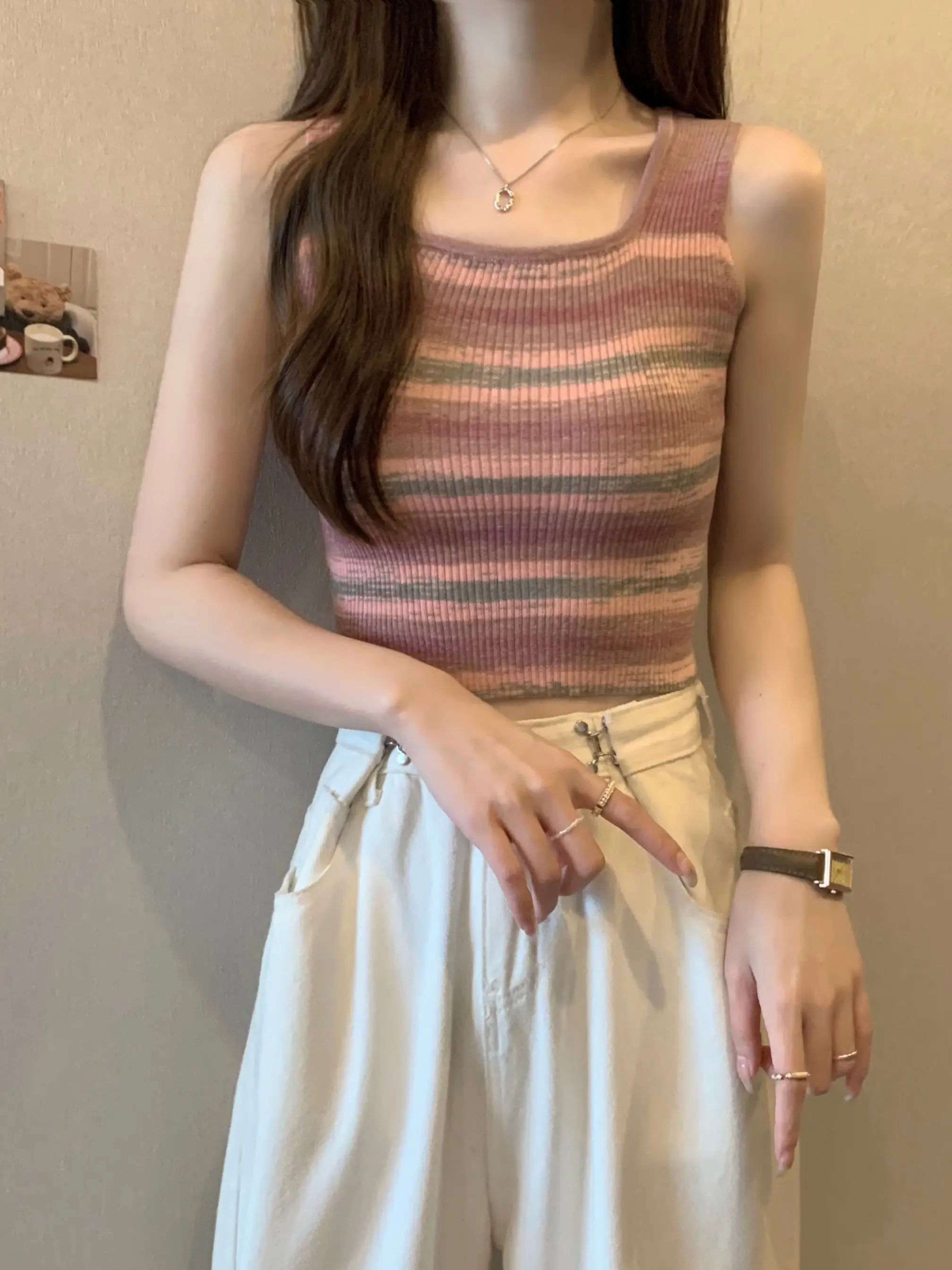 Rainbow Knitted Strap Vest Women Summer Multi-Functional Beach Sle Sweet And Spicy Jazz Top Inner And Outer Wear