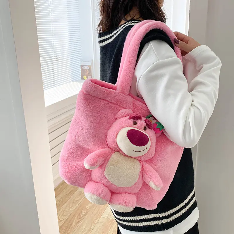 Disney 2025 Stitch Strawberry Bear New Cartoon Plush Doll Shoulder Bag Sweet and Cute Soft Cute Girls Handbag