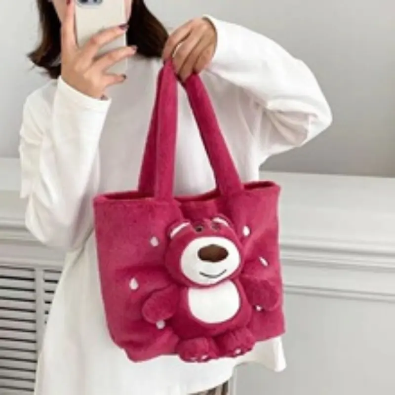 Disney 2025 Stitch Strawberry Bear New Cartoon Plush Doll Shoulder Bag Sweet and Cute Soft Cute Girls Handbag