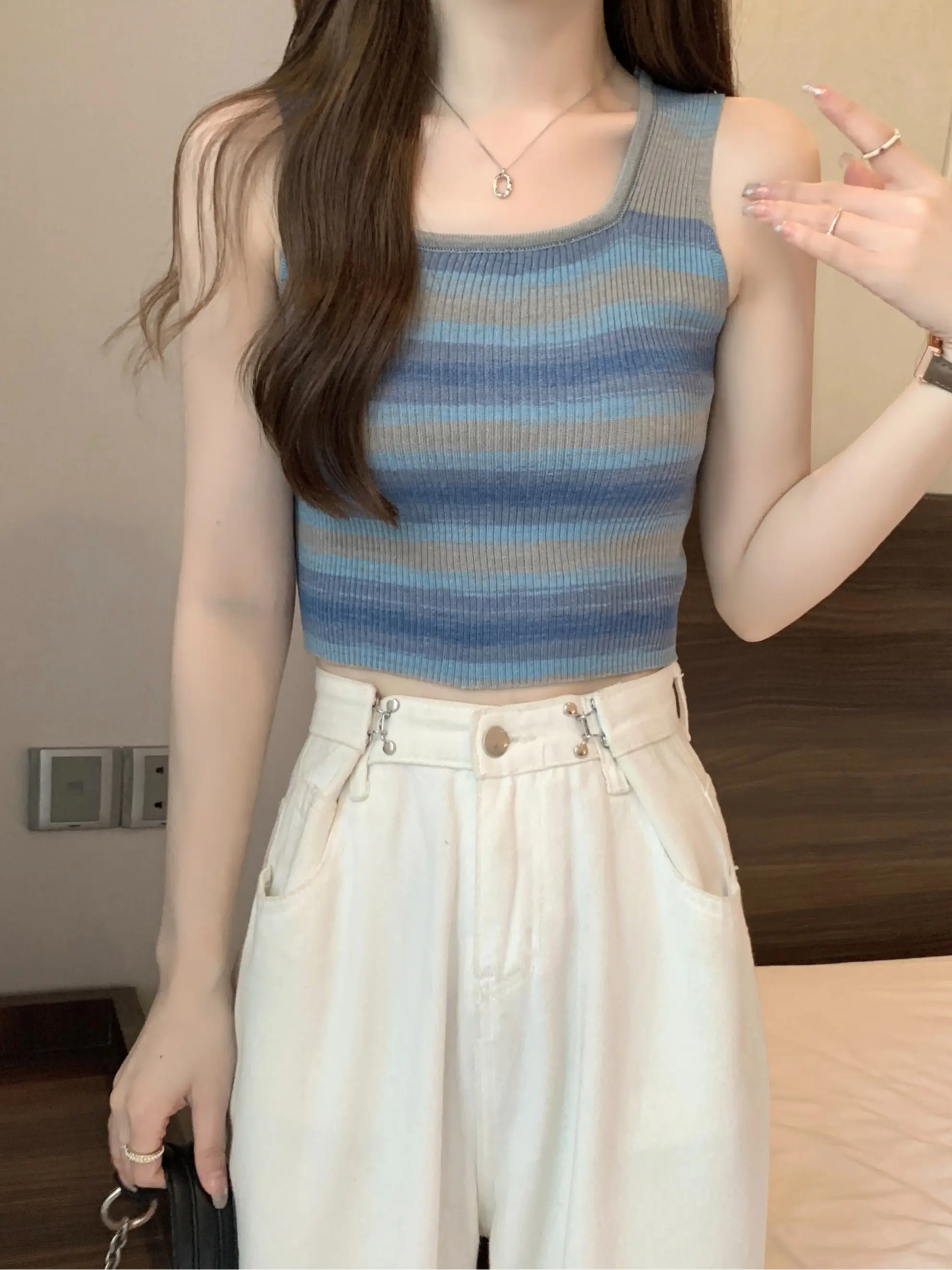 Rainbow Knitted Strap Vest Women Summer Multi-Functional Beach Sle Sweet And Spicy Jazz Top Inner And Outer Wear