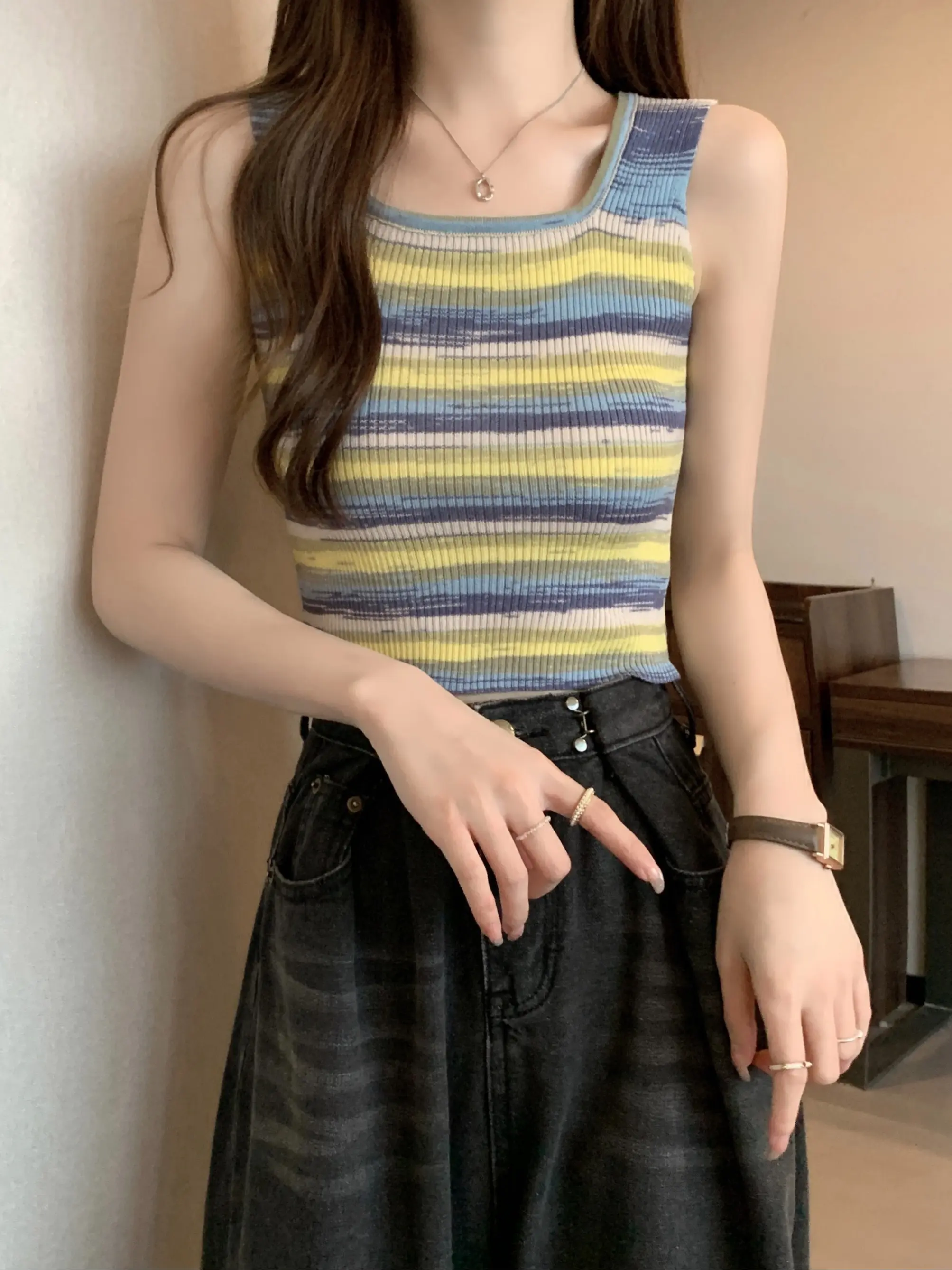 Rainbow Knitted Strap Vest Women Summer Multi-Functional Beach Sle Sweet And Spicy Jazz Top Inner And Outer Wear