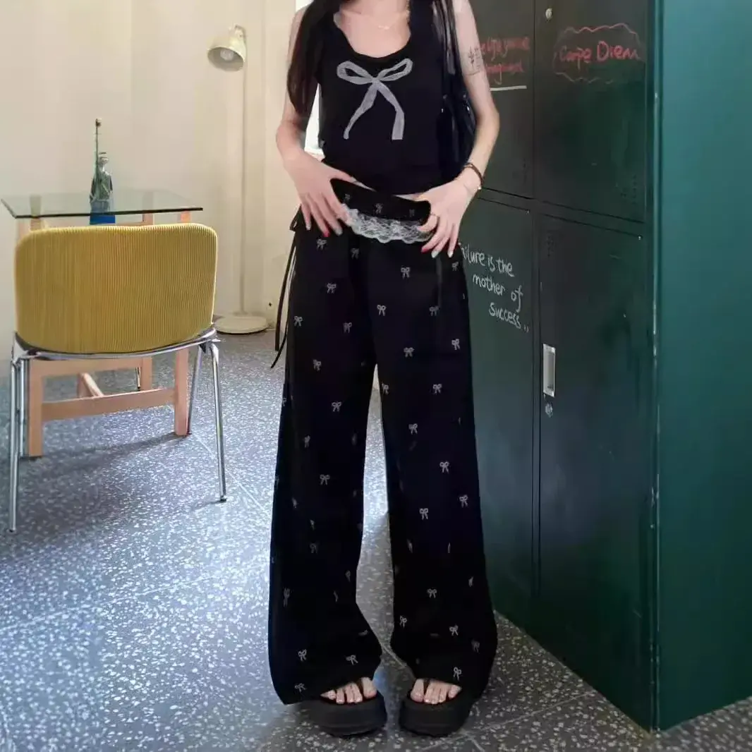 American Style Sweet Spicy Lace Splicing Casual Pants Women's Summer High-Waisted Fragrant Bell Bottoms Straight-Leg Dragging Tr
