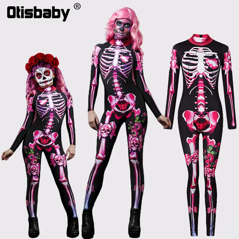 Halloween Masquerade Costume Mother Kids Scary Skull Skeleton One Piece Rose Bodysuit Carnival Girl Family Look Matching Clothes