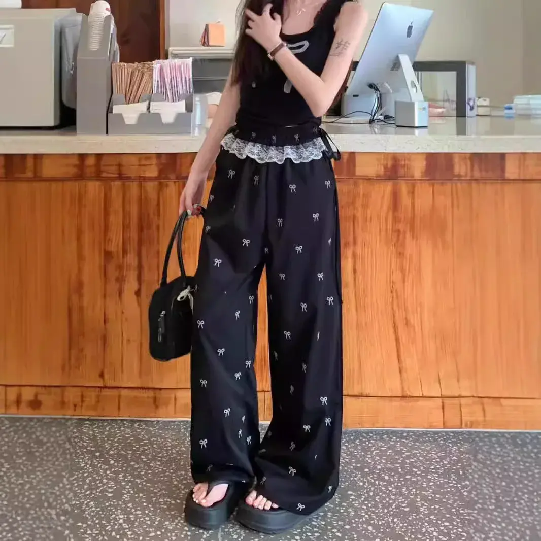 American Style Sweet Spicy Lace Splicing Casual Pants Women's Summer High-Waisted Fragrant Bell Bottoms Straight-Leg Dragging Tr