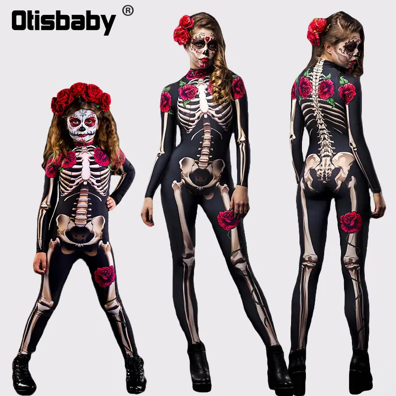 Halloween Masquerade Costume Mother Kids Scary Skull Skeleton One Piece Rose Bodysuit Carnival Girl Family Look Matching Clothes
