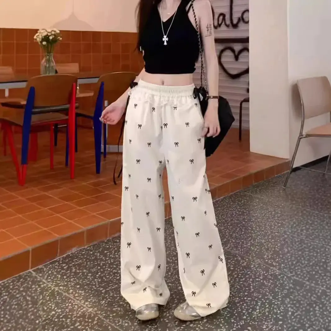 American Style Sweet Spicy Lace Splicing Casual Pants Women's Summer High-Waisted Fragrant Bell Bottoms Straight-Leg Dragging Tr