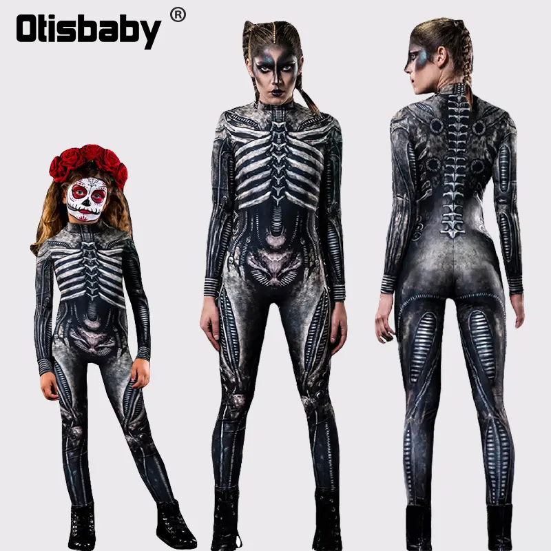 Halloween Masquerade Costume Mother Kids Scary Skull Skeleton One Piece Rose Bodysuit Carnival Girl Family Look Matching Clothes