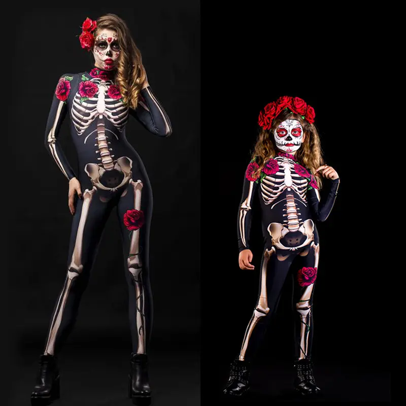 Halloween Masquerade Costume Mother Kids Scary Skull Skeleton One Piece Rose Bodysuit Carnival Girl Family Look Matching Clothes