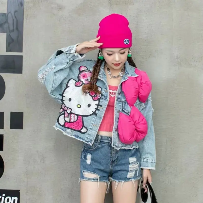 Age Reduction Cute Students Denim Jacket New Spring Autumn Short Cardigans Top Sequins Cartoon Three-dimensional Bow Jean Coat