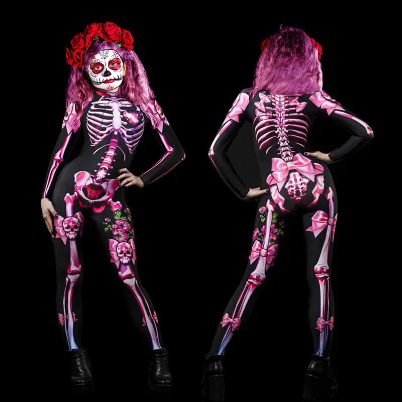 Halloween Masquerade Costume Mother Kids Scary Skull Skeleton One Piece Rose Bodysuit Carnival Girl Family Look Matching Clothes