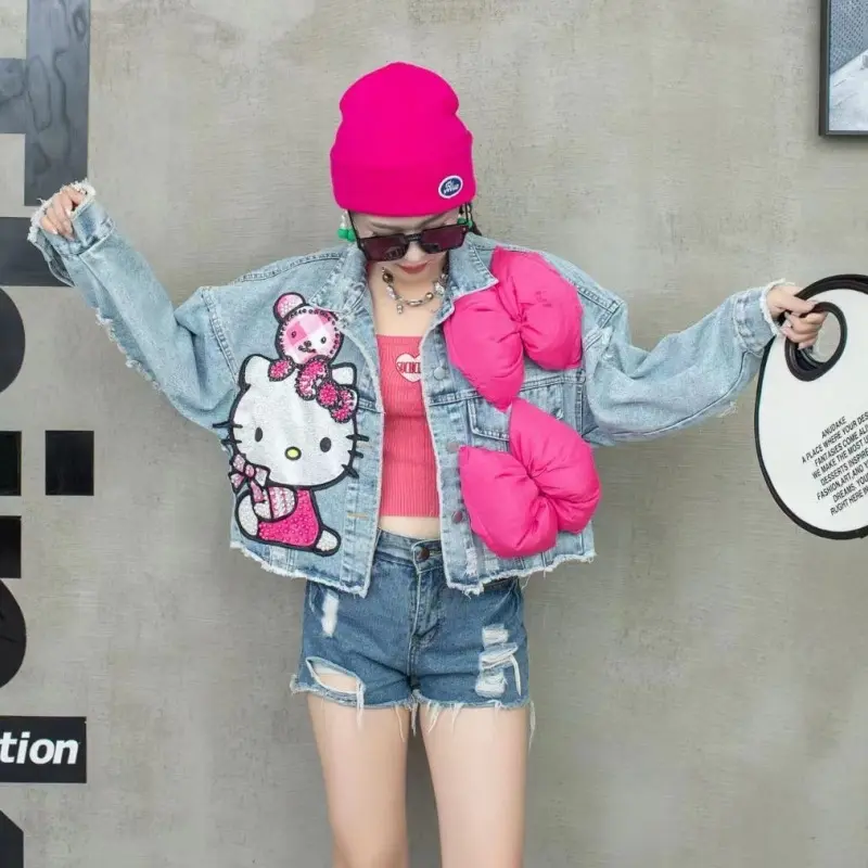 Age Reduction Cute Students Denim Jacket New Spring Autumn Short Cardigans Top Sequins Cartoon Three-dimensional Bow Jean Coat