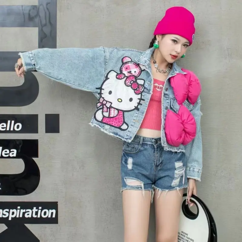Age Reduction Cute Students Denim Jacket New Spring Autumn Short Cardigans Top Sequins Cartoon Three-dimensional Bow Jean Coat