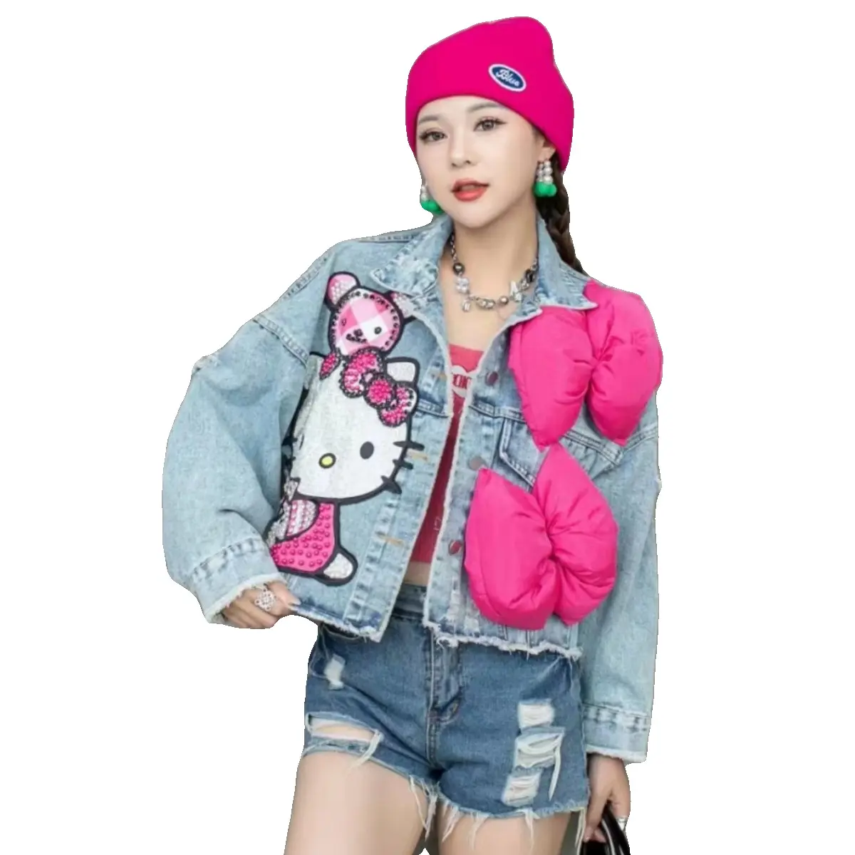 Age Reduction Cute Students Denim Jacket New Spring Autumn Short Cardigans Top Sequins Cartoon Three-dimensional Bow Jean Coat
