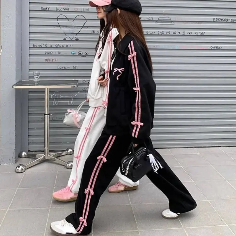 New Bow Embroidery Women Set Long Sleeve Loose Stripe Coat High Waist Casual Pants Suit  Sweet Kawaii Girl 2 Piece Set