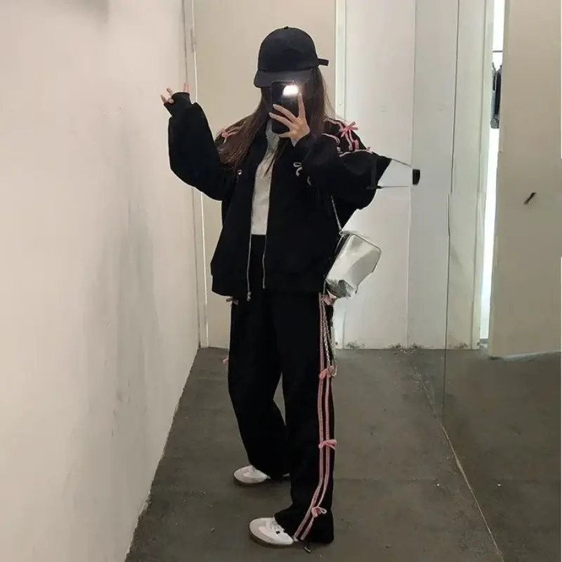 New Bow Embroidery Women Set Long Sleeve Loose Stripe Coat High Waist Casual Pants Suit  Sweet Kawaii Girl 2 Piece Set