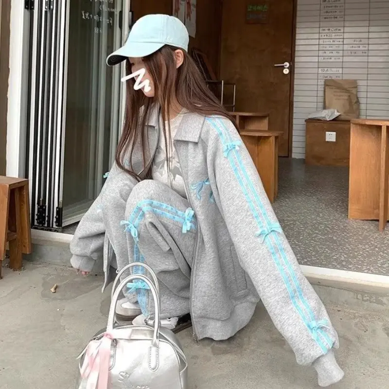 New Bow Embroidery Women Set Long Sleeve Loose Stripe Coat High Waist Casual Pants Suit  Sweet Kawaii Girl 2 Piece Set