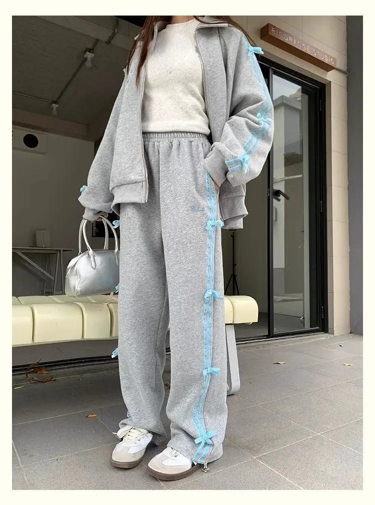 New Bow Embroidery Women Set Long Sleeve Loose Stripe Coat High Waist Casual Pants Suit  Sweet Kawaii Girl 2 Piece Set