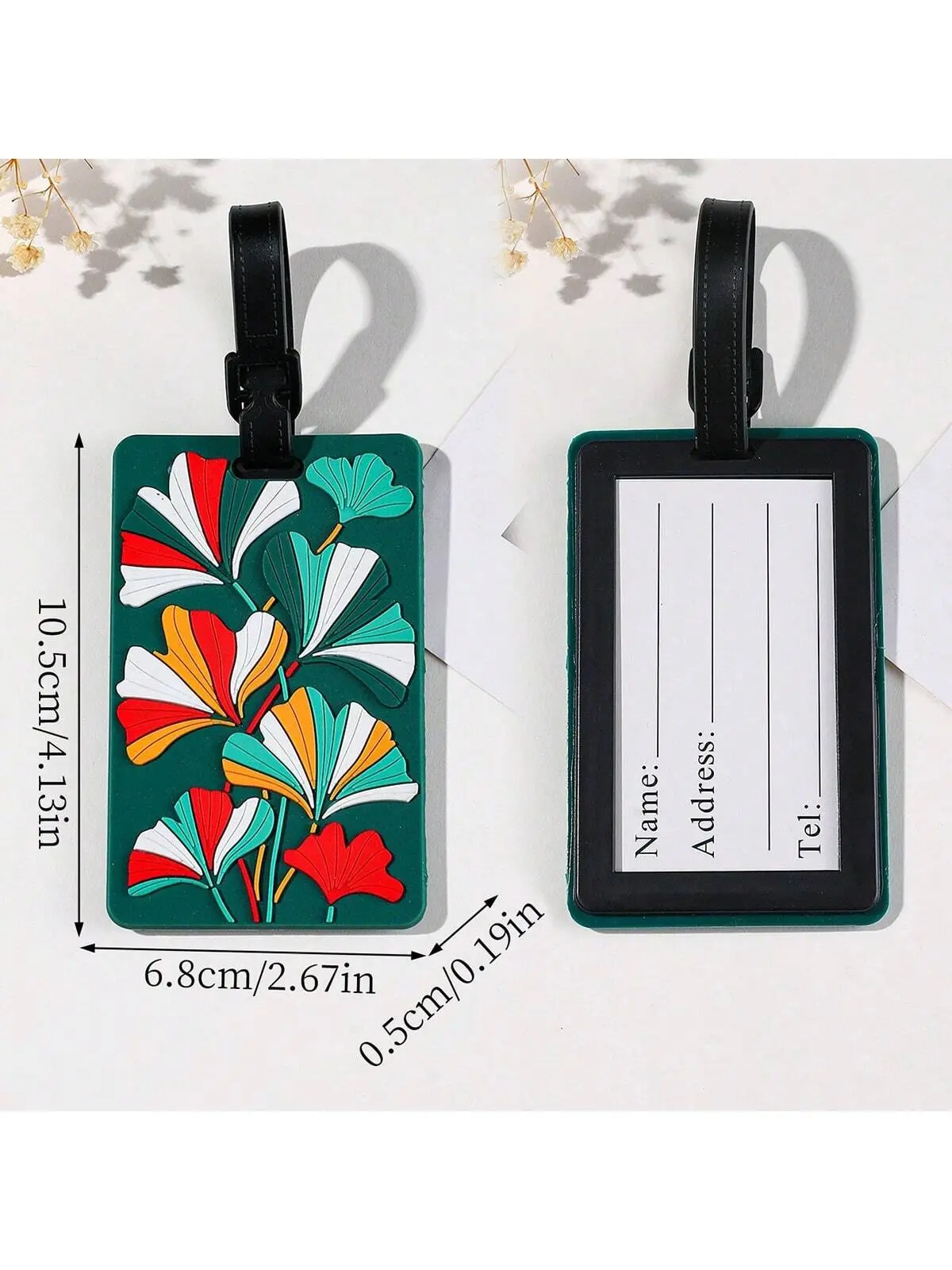 Luggage tags with floral patterns, aircraft boarding passes with colored luggage identifiers, and travel identification tagsA-DH