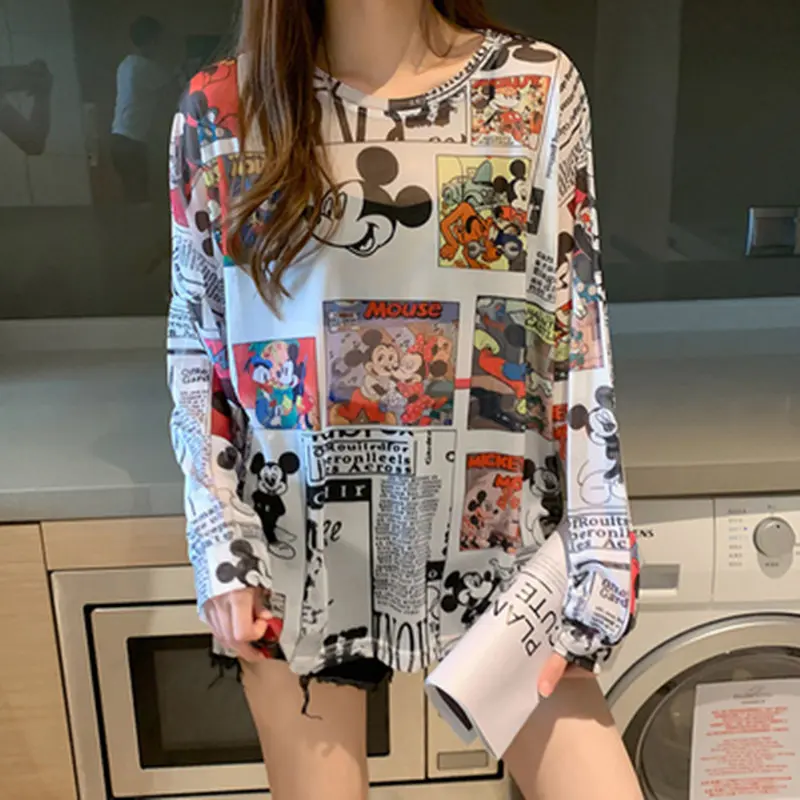 Summer Famous Anime Mickey Mouse Brand Mesh Shirt Women Sun Protection Transparent Long Sleeve Blouse Ladies T-shirt