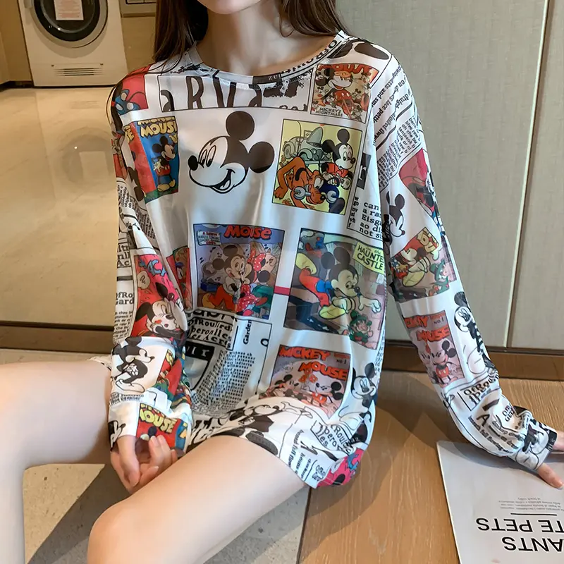 Summer Famous Anime Mickey Mouse Brand Mesh Shirt Women Sun Protection Transparent Long Sleeve Blouse Ladies T-shirt