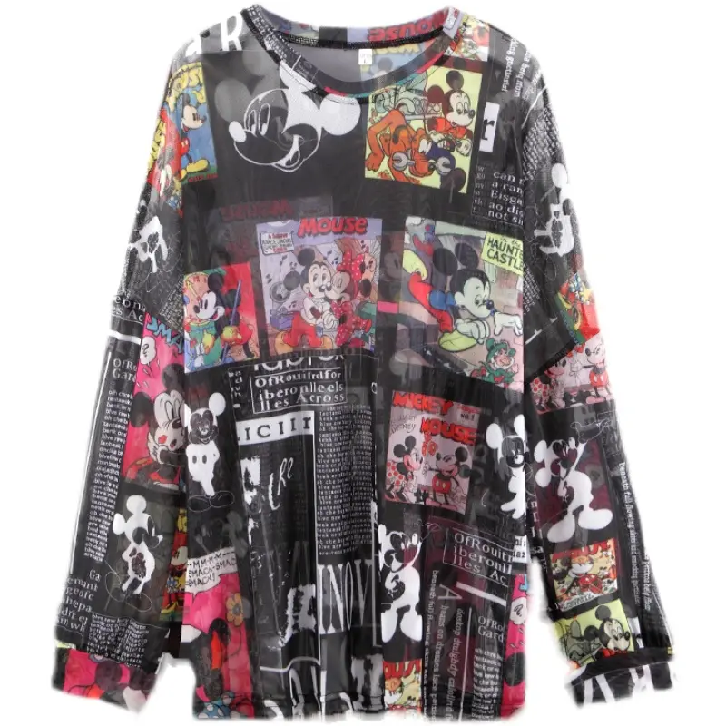 Summer Famous Anime Mickey Mouse Brand Mesh Shirt Women Sun Protection Transparent Long Sleeve Blouse Ladies T-shirt