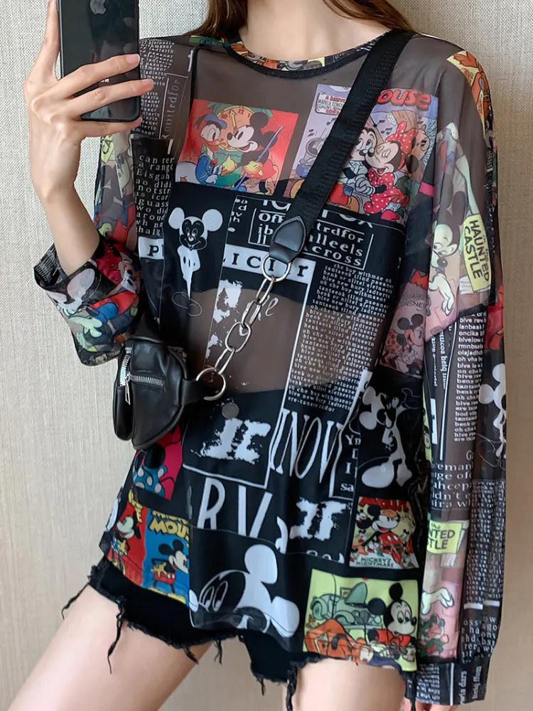 Summer Famous Anime Mickey Mouse Brand Mesh Shirt Women Sun Protection Transparent Long Sleeve Blouse Ladies T-shirt