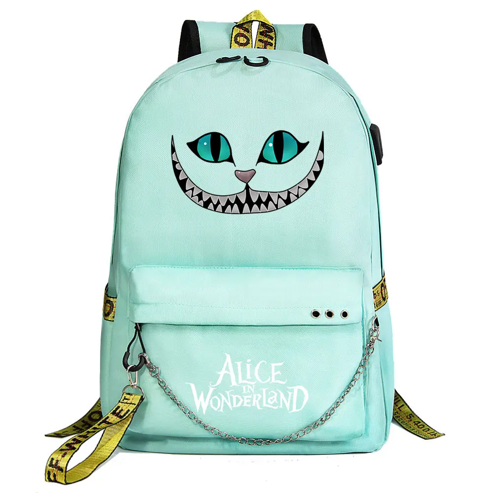  Alice In Wonderland Boys Girls Kids School Book Bags Women USB Chain Backpack Canvas Men Laptop Bagpack Packsack Bookbag