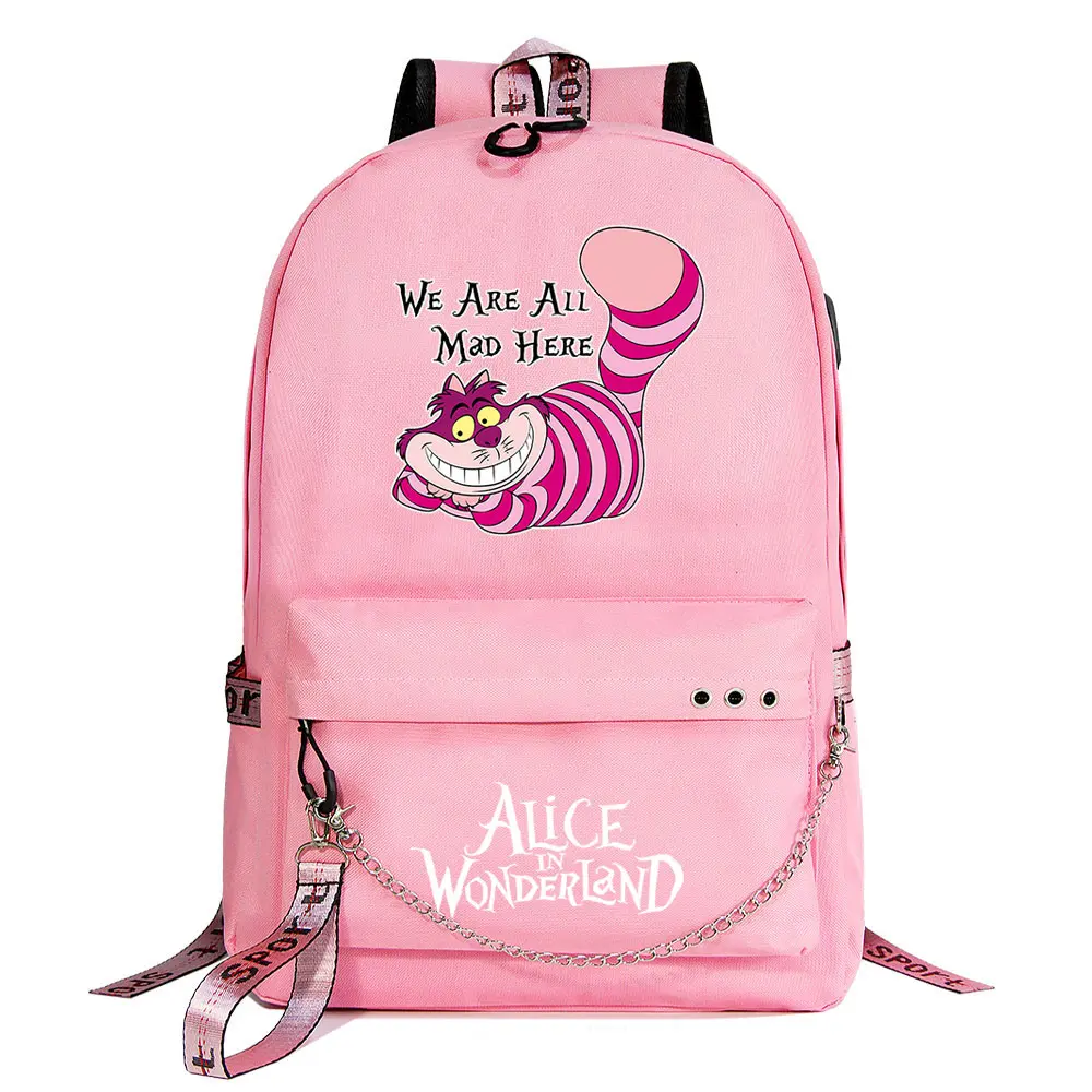  Alice In Wonderland Boys Girls Kids School Book Bags Women USB Chain Backpack Canvas Men Laptop Bagpack Packsack Bookbag