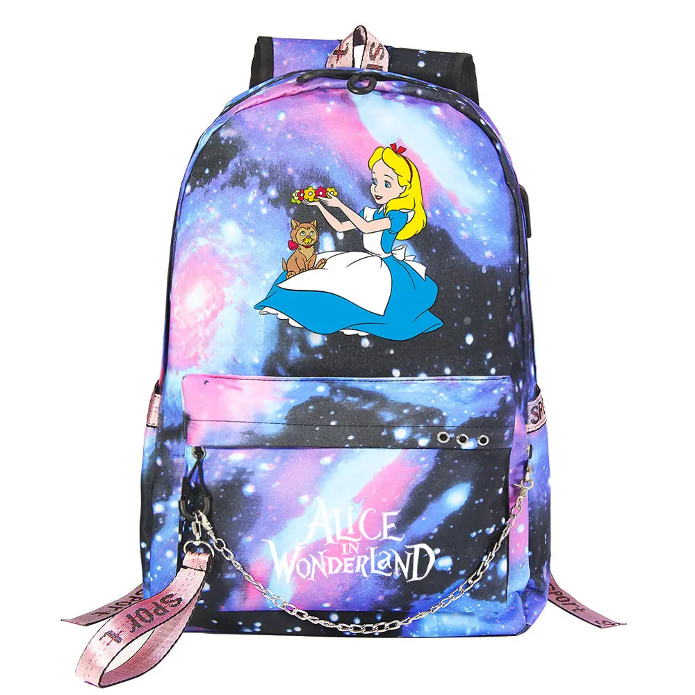  Alice In Wonderland Boys Girls Kids School Book Bags Women USB Chain Backpack Canvas Men Laptop Bagpack Packsack Bookbag
