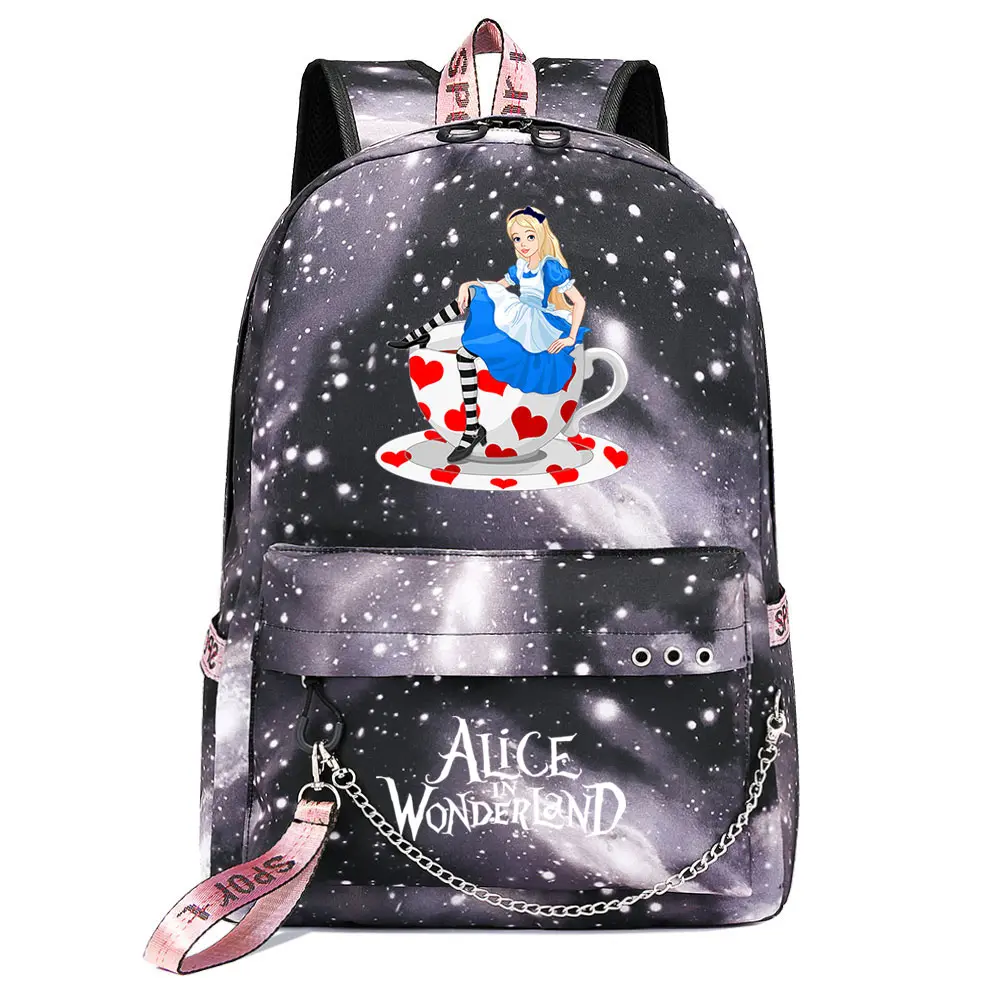  Alice In Wonderland Boys Girls Kids School Book Bags Women USB Chain Backpack Canvas Men Laptop Bagpack Packsack Bookbag