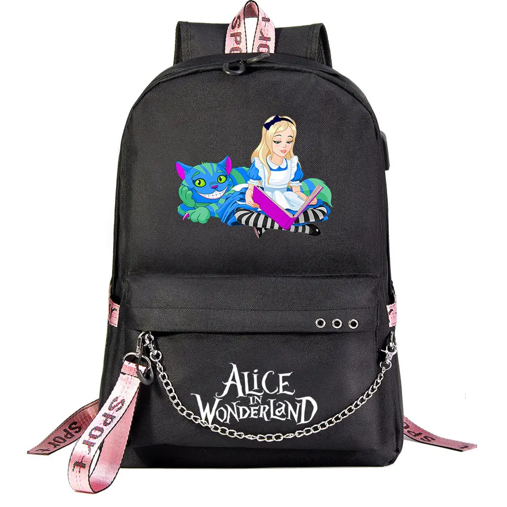  Alice In Wonderland Boys Girls Kids School Book Bags Women USB Chain Backpack Canvas Men Laptop Bagpack Packsack Bookbag