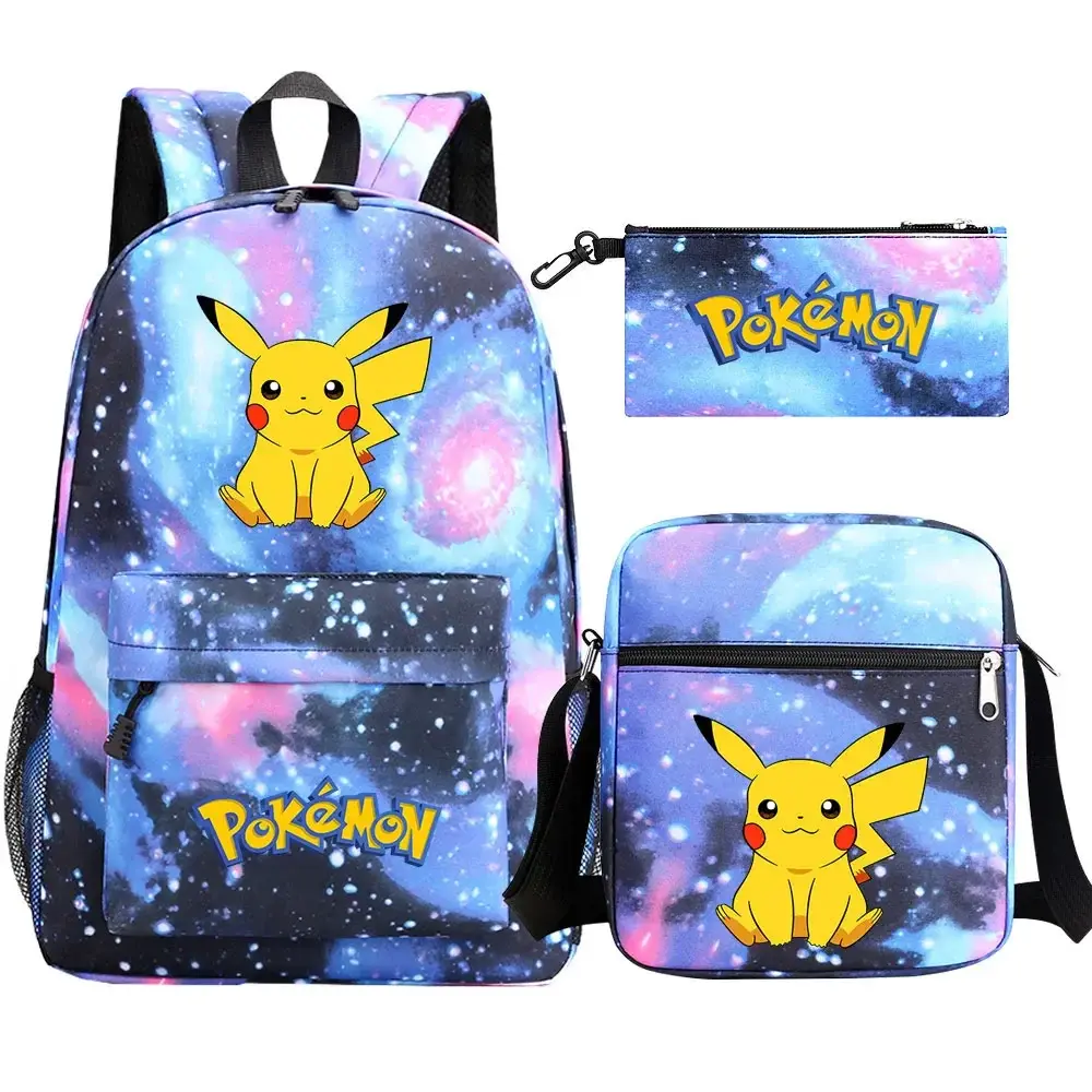 New Pokemon Pikachu 3Pcs Boy Girl Kids School Book Bags Travel Backpack Shoulder  Bag Pen Bags For Men Women