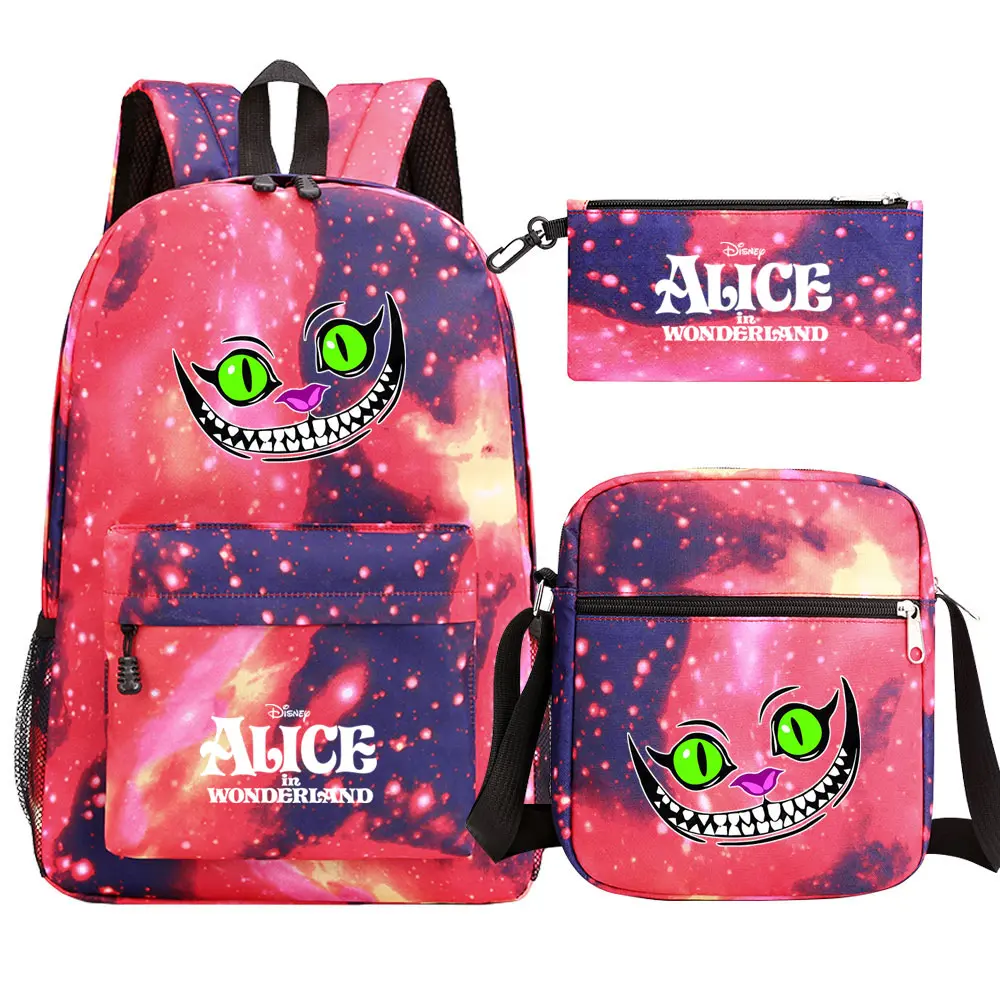 Kawaii  Alice In Wonderland 3Pcs Boy Girl Kids School Book Bags Travel Backpack Shoulder Bag Pen Bag For Men Women