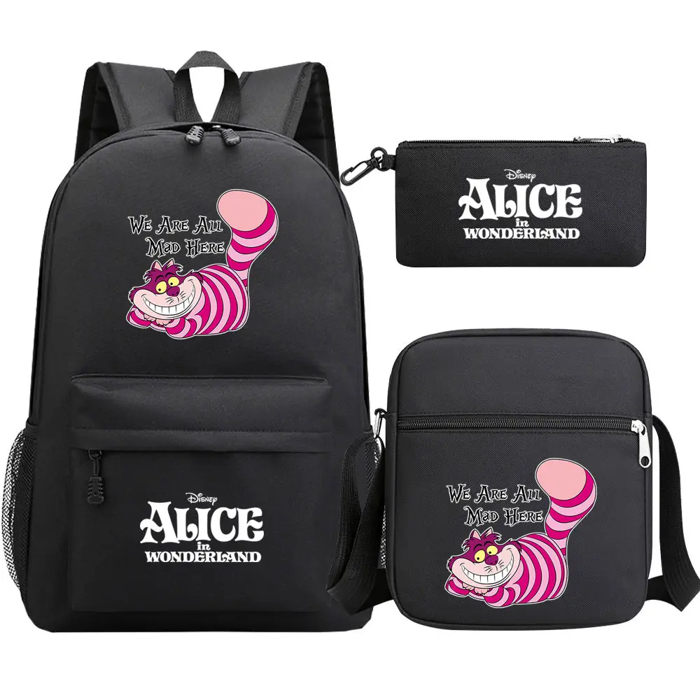 Kawaii  Alice In Wonderland 3Pcs Boy Girl Kids School Book Bags Travel Backpack Shoulder Bag Pen Bag For Men Women