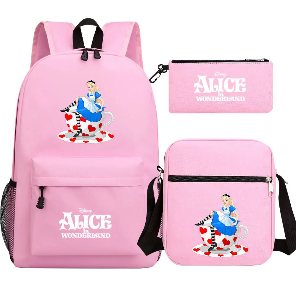 Kawaii  Alice In Wonderland 3Pcs Boy Girl Kids School Book Bags Travel Backpack Shoulder Bag Pen Bag For Men Women