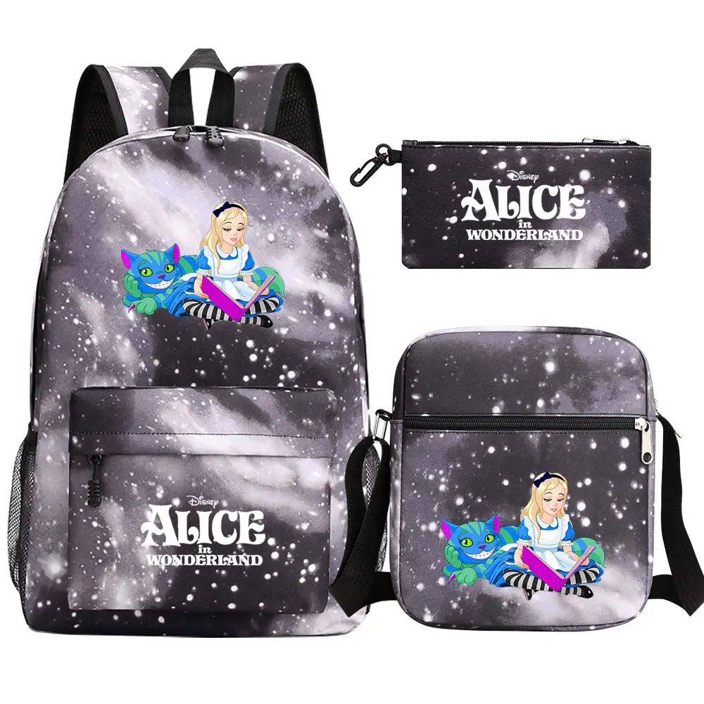 Kawaii  Alice In Wonderland 3Pcs Boy Girl Kids School Book Bags Travel Backpack Shoulder Bag Pen Bag For Men Women