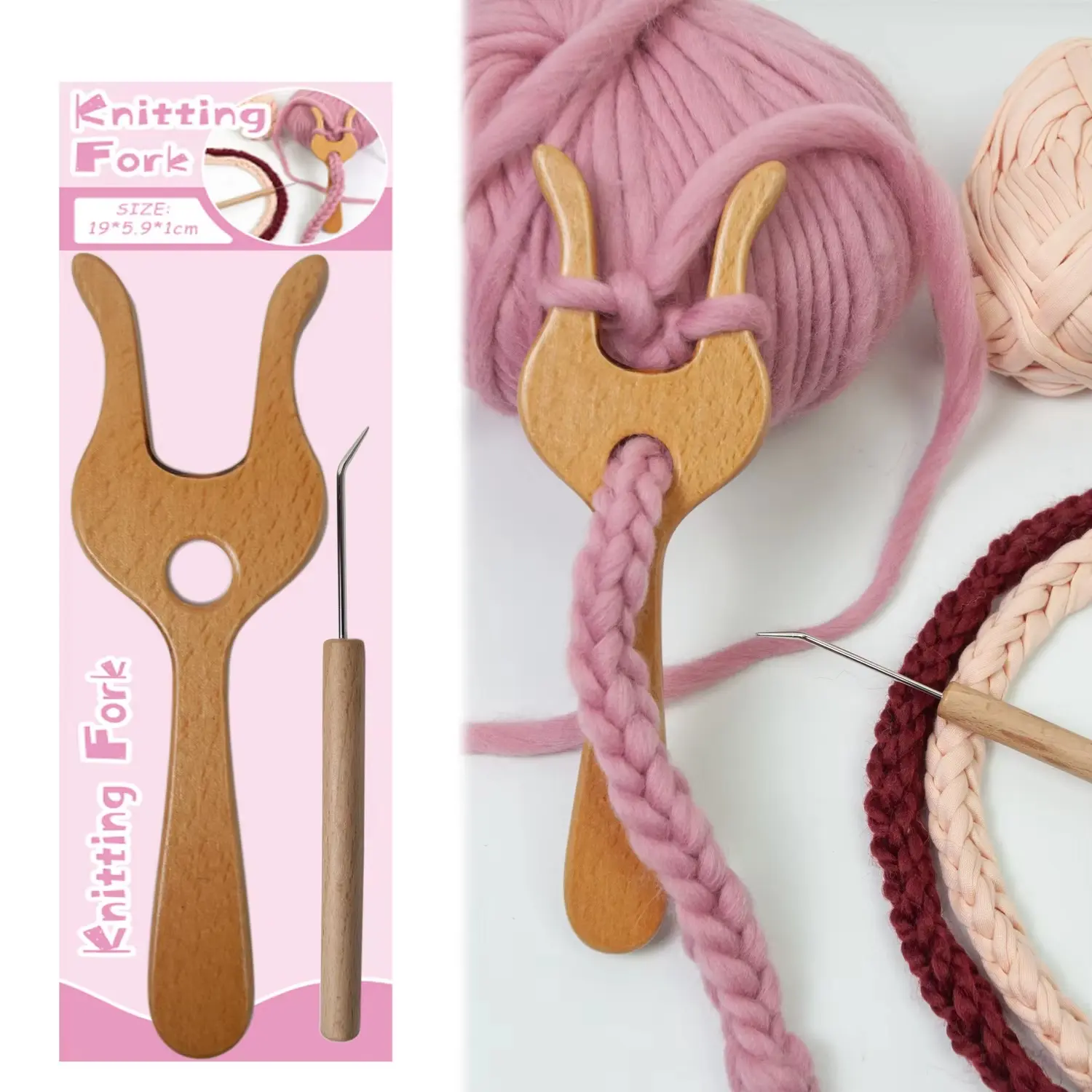 1set Wood Knitting Fork with Hook Hand Cut Lucet Cord Braiding Fork DIY Weaving Tool for Crochet Drawstring Scarves Making