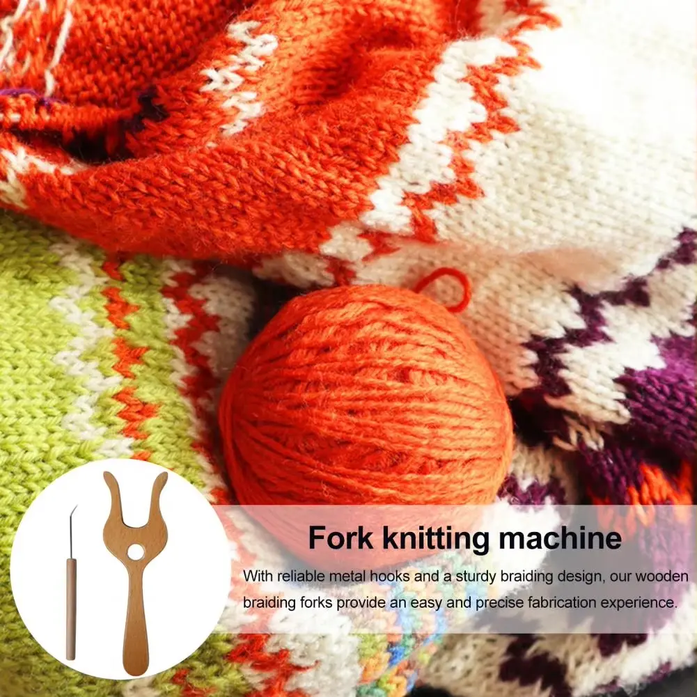 1set Wood Knitting Fork with Hook Hand Cut Lucet Cord Braiding Fork DIY Weaving Tool for Crochet Drawstring Scarves Making